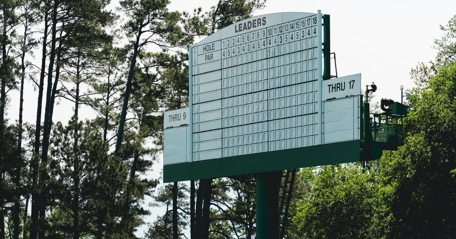 Golf tournament leaderboard beside a fairway
